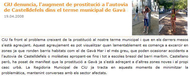 Noticia publicada en la web de CiU de Gavà el 19 de Abril de 2008 sobre el problema de la prostitución en Gavà Mar